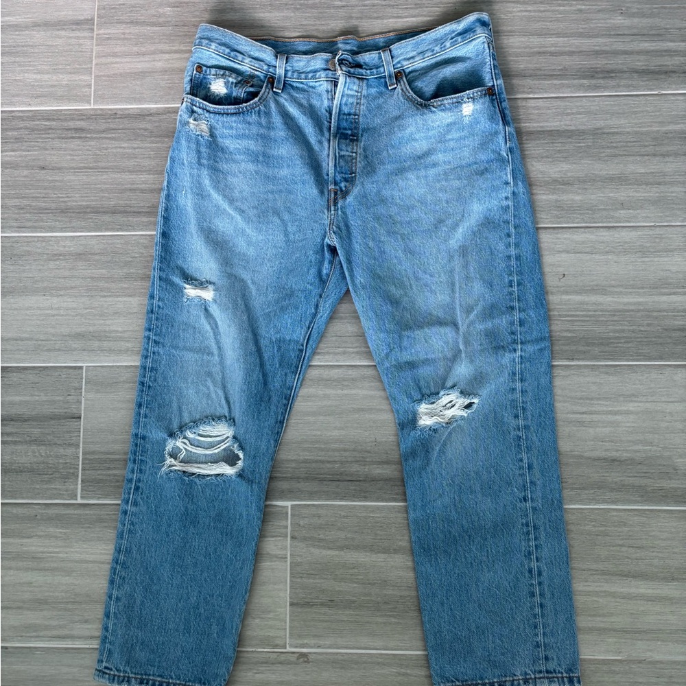 LEVIs 501 Blue Jeans 32W by 27L Button Fly Straight Leg Distressed Ripped